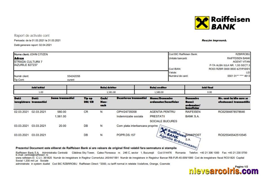 Romania Raiffeisen bank statement in Excel and PDF format